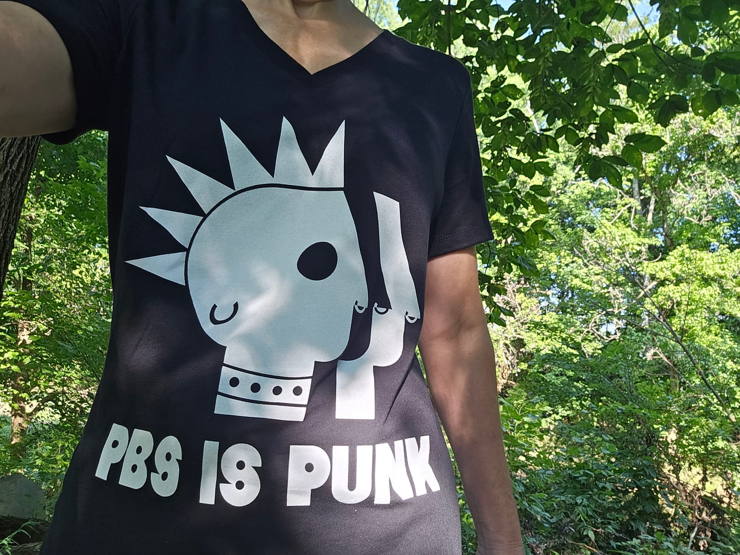 Customer photo review of PBS is Punk Women's Relaxed V-neck Tee
