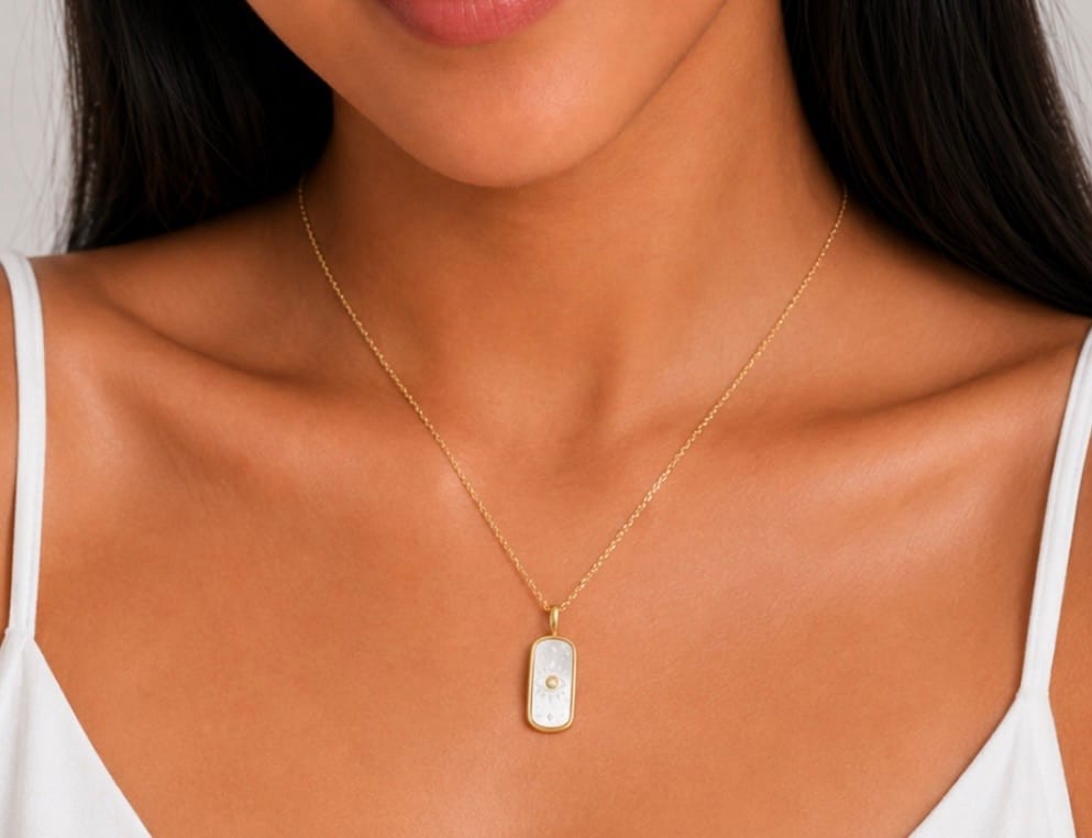 Customer photo review of Seraphina Mother-of-Pearl Evil Eye Necklace