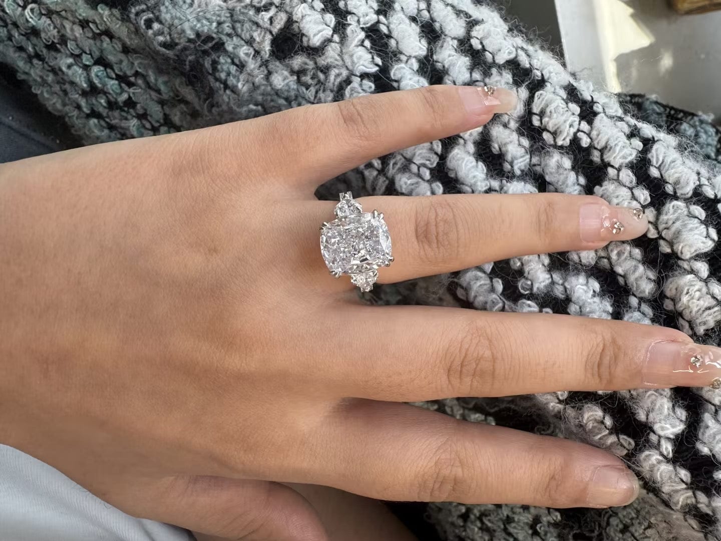 Customer photo review of S925 6.0Ct Cushion Cut Three Stone Engagement Ring Simulated or Moissanite Diamond Bridal Rings For Women