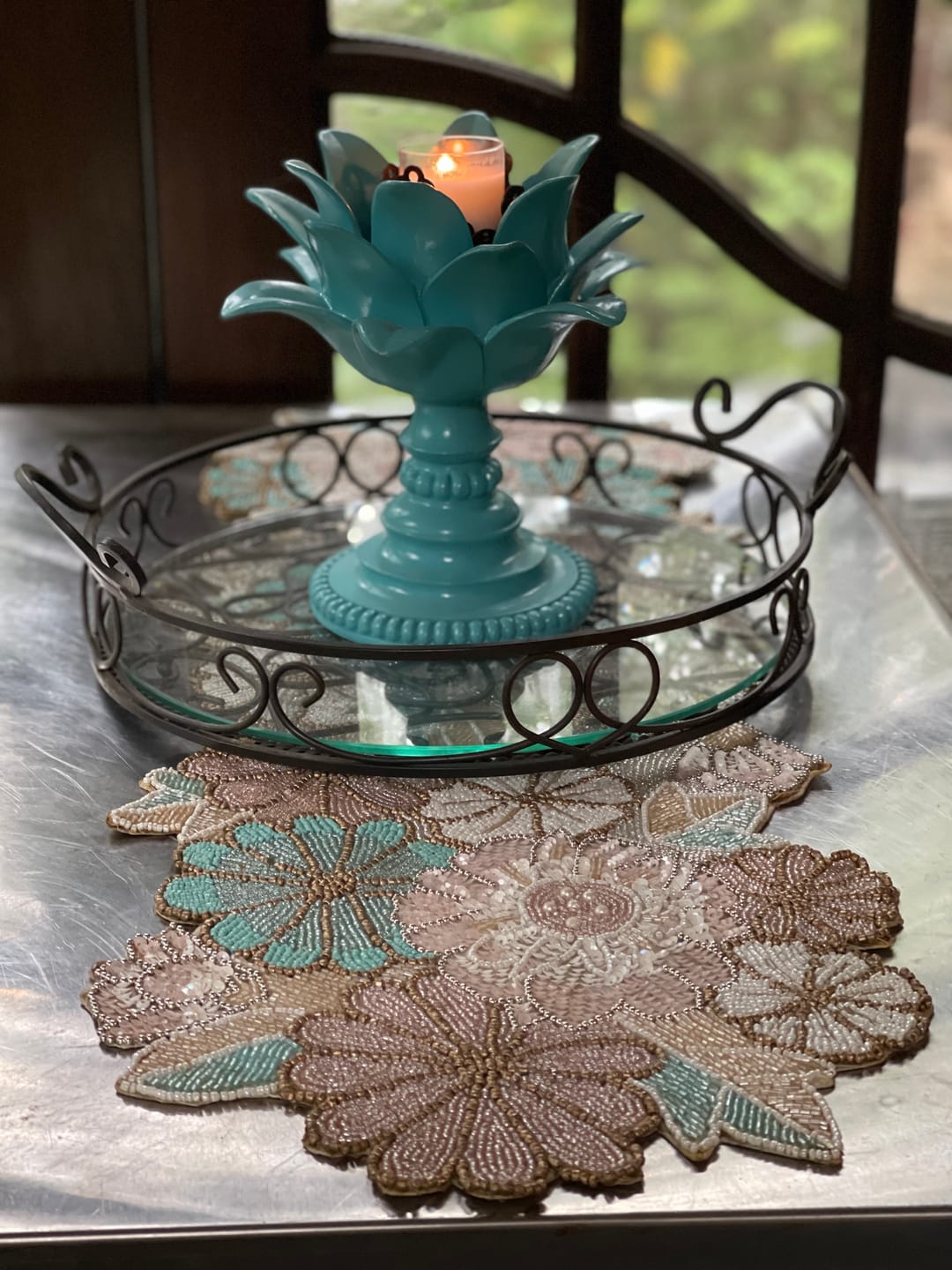 Customer photo review of Autumn Blooms Bead Embroidered Table Runner in Teal & Grey