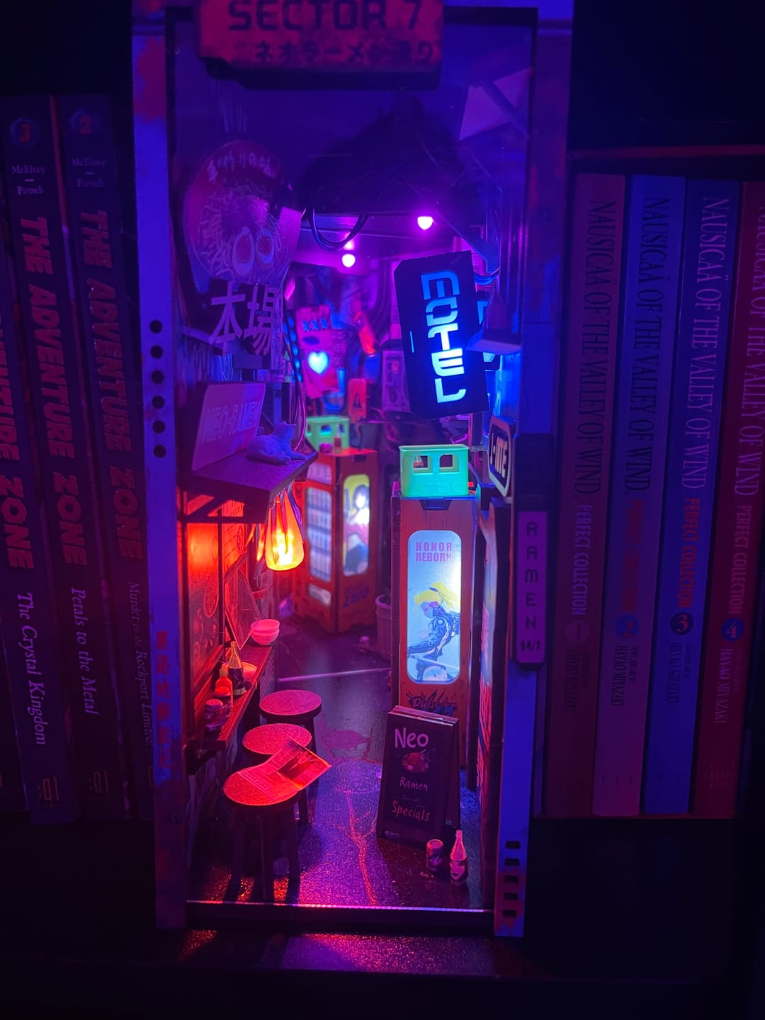 Customer photo review of Neon Ramen MiniAlley Cyberpunk DIY Book Nook Kit, Scale Model Kit,  Japanese Ramen Shop Miniature Scene