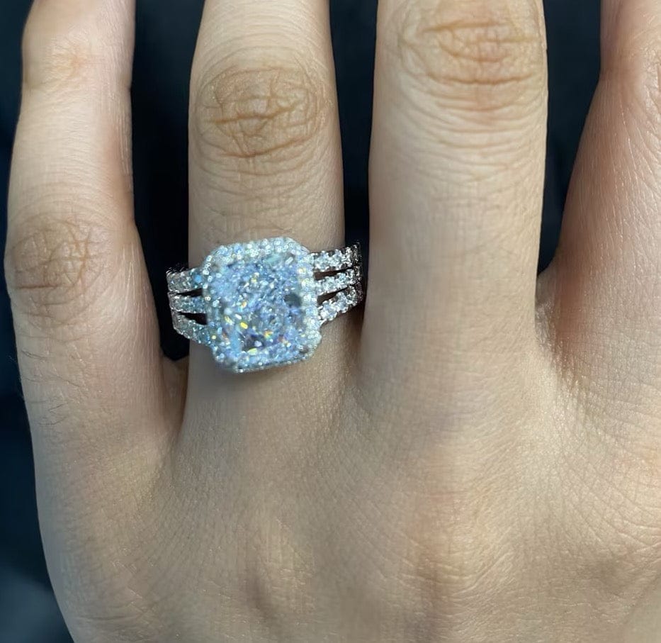 Customer photo review of S925 3.0 Carat Halo Radiant Cut Insert Wedding Ring Set With Engagement Ring Enhancer