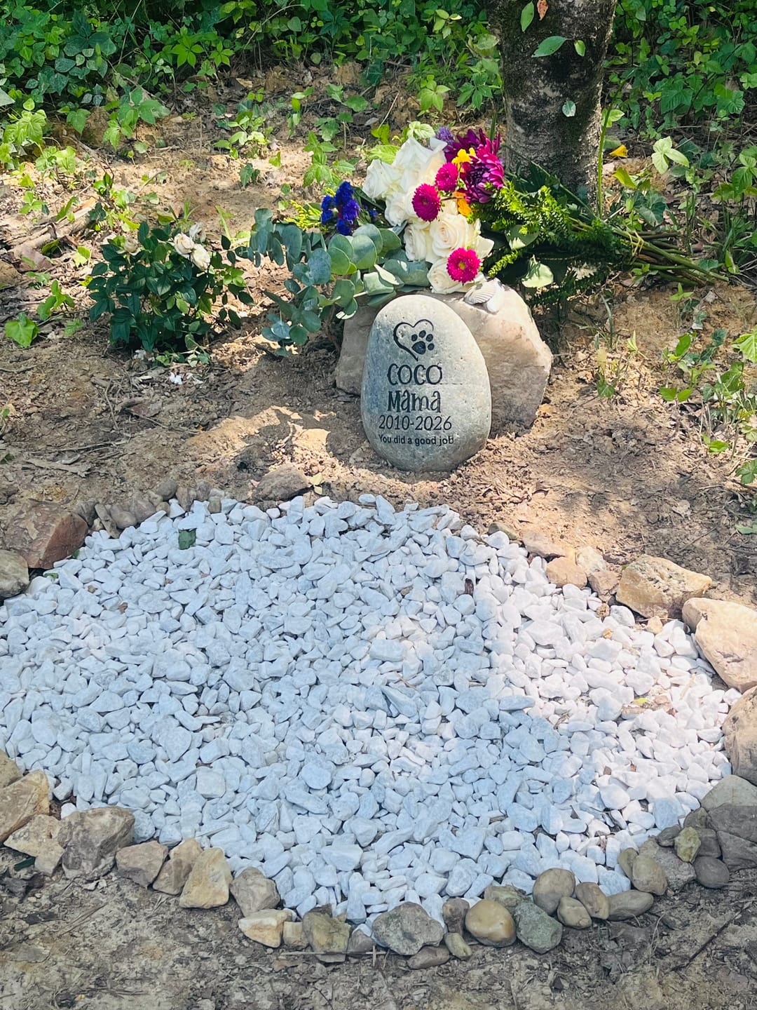 Customer photo review of Dog headstones Grave Marker Custom Engraved Pet Memorial River Rock Stone Heart Paw Print