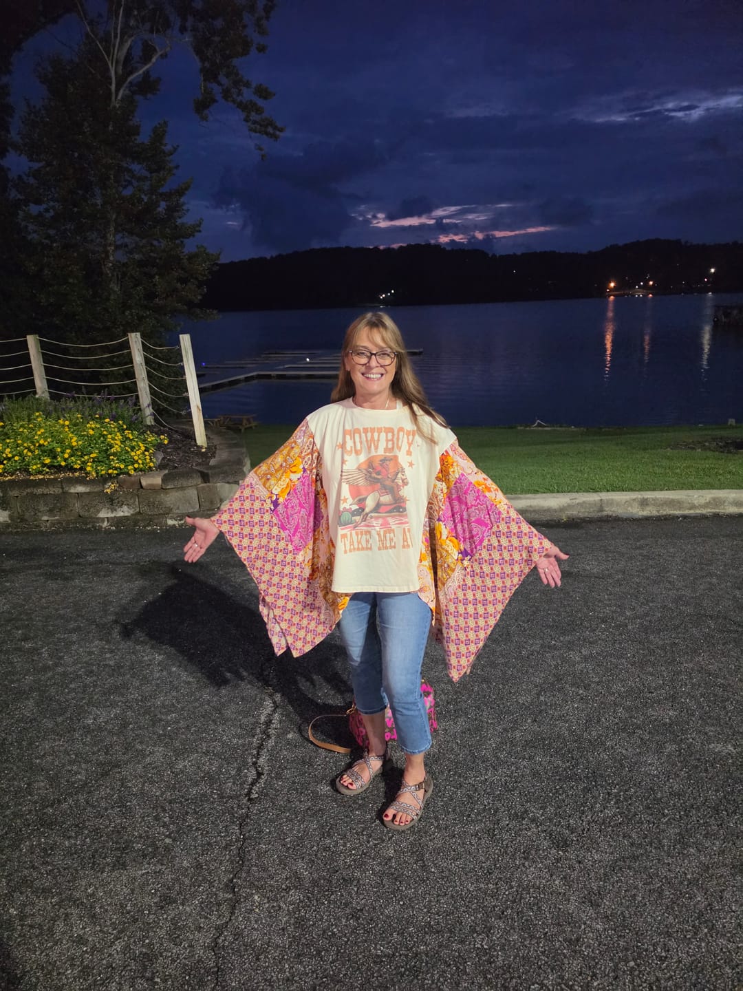 Customer photo review of Cowboy Take Me Away Mixed Print Poncho Top