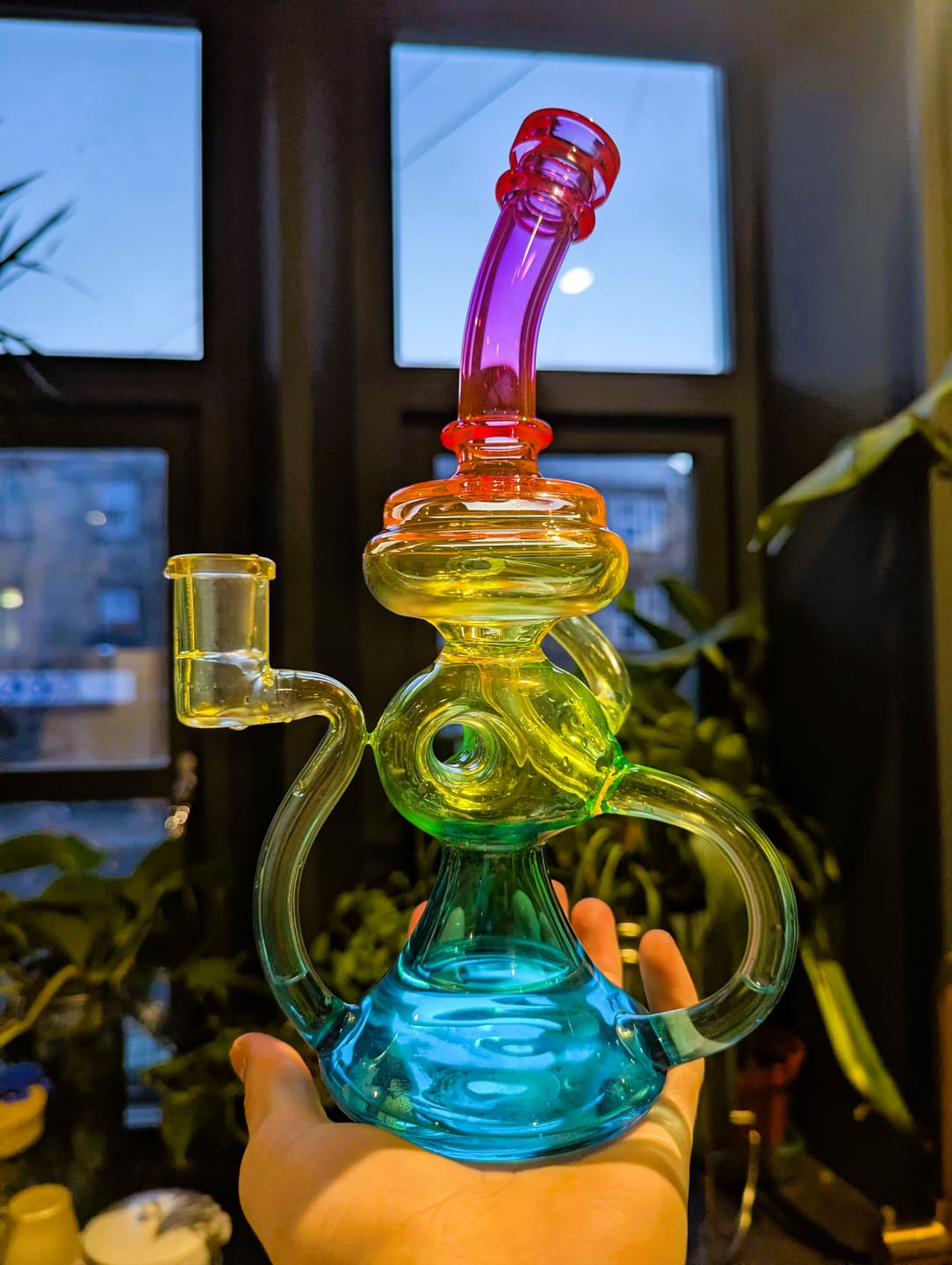 Customer photo review of NEON RAINBOW RECYCLER BONG (uv reactive)