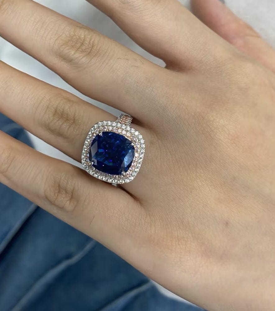 Customer photo review of S925 Double Halo 6.0Ct Cushion Cut Three Shank Vintage Aquamarine Blue&Purple Engagement Ring