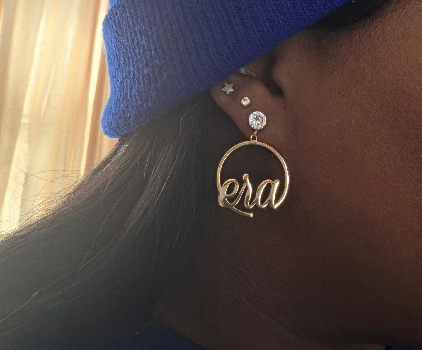 Customer photo review of Gold Era Halo Mini Drop Hoops ✨