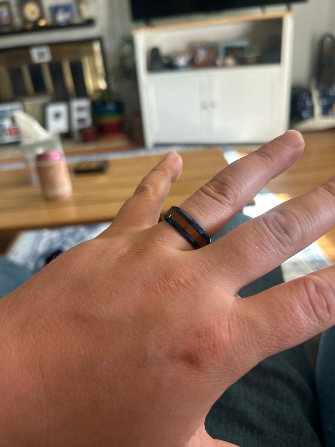 Customer photo review of 8mm Blue Tungsten Carbide Wedding Ring with Koa Wood Inlay