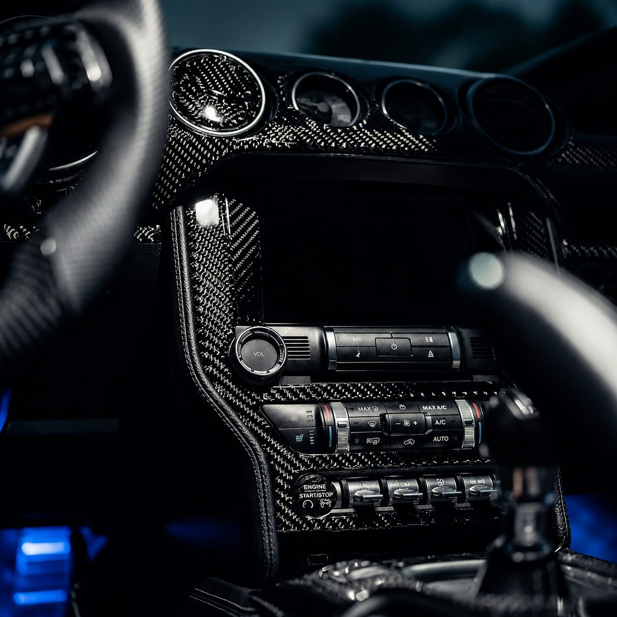 Customer photo review of DynaCarbon™️ Carbon Fiber LHD Full Multimedia Console Frame Trim Overlay for Ford Mustang 2015-2023