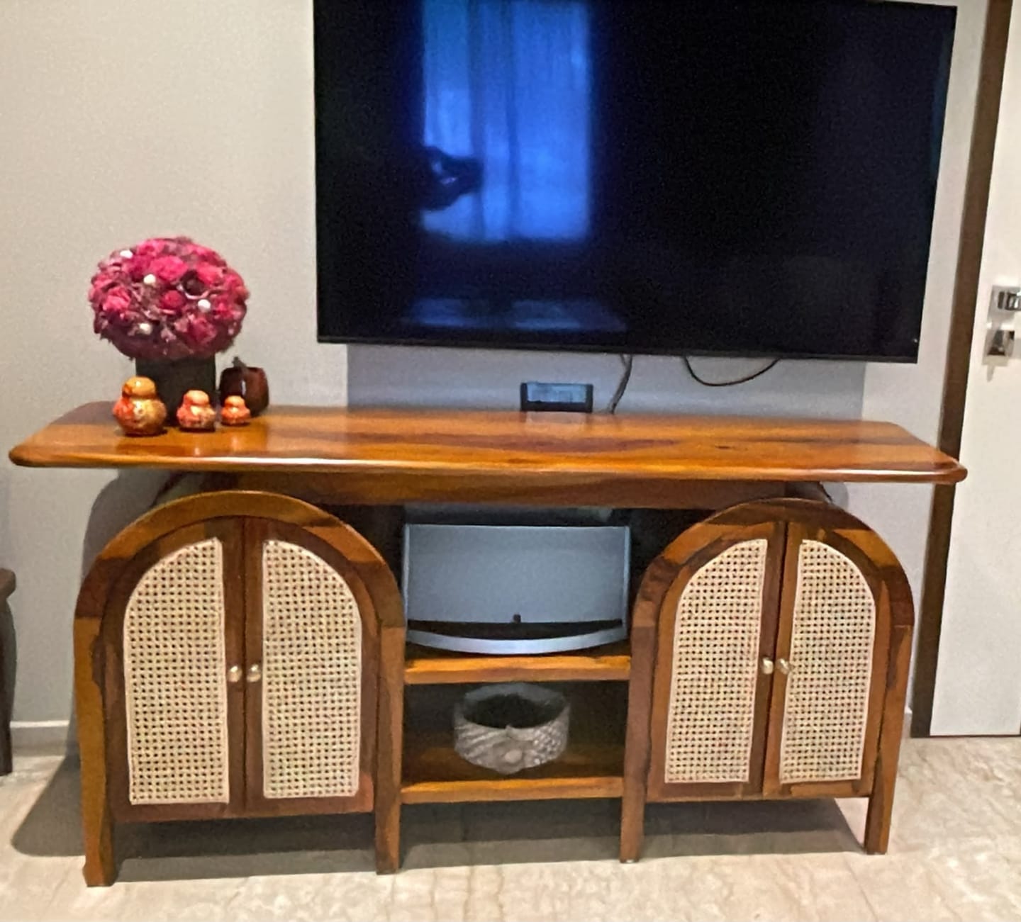 Customer photo review of Dipti Premium Solid Wood TV Unit with Cane Panel Cabinet