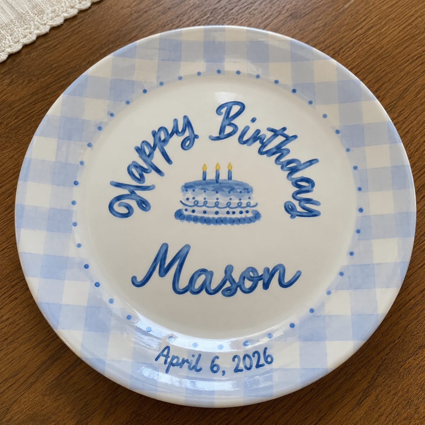 Customer photo review of Blue Gingham Border with Blue Birthday Cake Personalized Birthday Plate P415SDU0