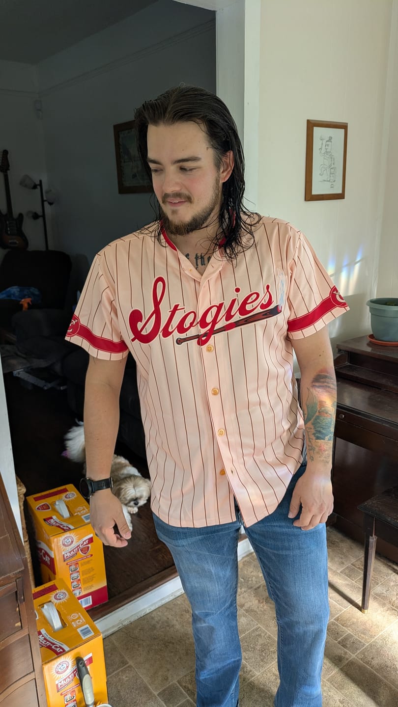 Customer photo review of Custom Cream Light Blue-Light Gray Stripe Fashion Design Full Button Authentic Baseball Jersey