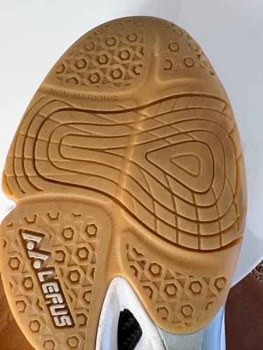 Reviewer's example of a court shoe sole with a gum rubber center and dedicated pivot point tread for comparison.