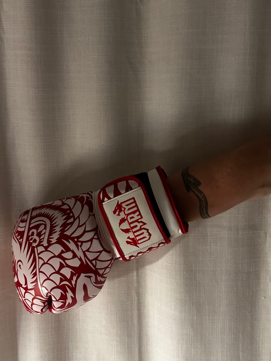 Customer photo review of Dragon White/Red Leather Boxing Gloves