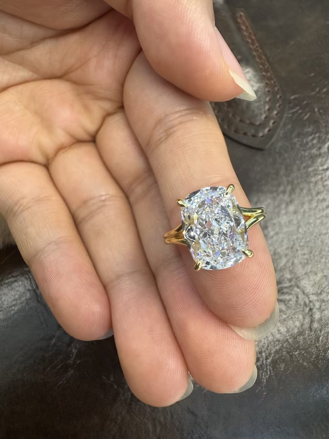 Customer photo review of S925 5.5Ct Cushion Cut Split Shank Engagement Ring Gold Plated Hidden Halo Bridal Ring For Everyday Wear