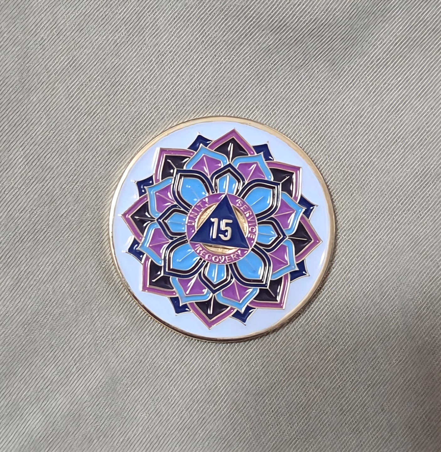Customer photo review of 1 to 50 Year Sobriety Mint 'In Bloom' Lotus Flower Gold Plated AA Recovery Medallion/Chip/Coin - White
