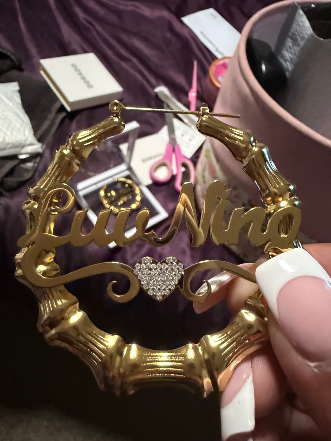 Customer photo review of Heart Name Bamboo Hoop Earrings