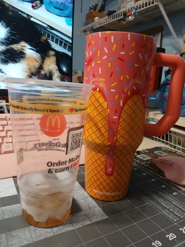 Reviewer's colorful Frost Buddy tumbler with an ice cream cone design, next to a plastic cup still containing ice.