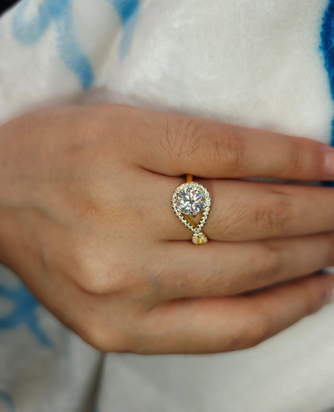 Customer photo review of S925 Moissanite Halo 1.2Ct Round Cut Yellow Gold Engagement Ring