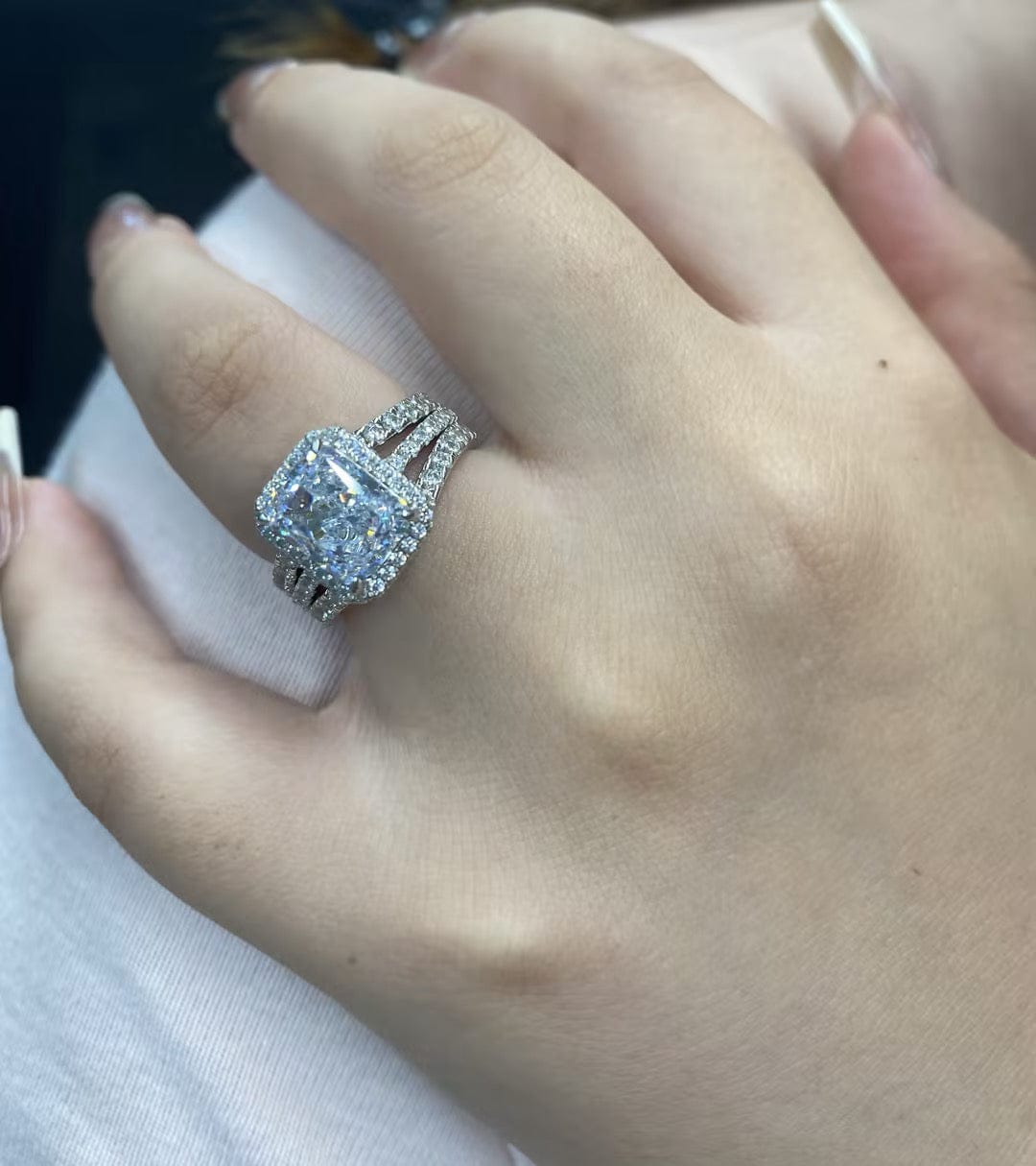 Customer photo review of S925 3.0 Carat Halo Radiant Cut Insert Wedding Ring Set With Engagement Ring Enhancer