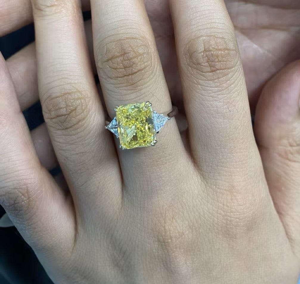 Customer photo review of S925 4.0Ct Radiant & Triangle Cut Yellow Stone Three Stone Engagement Ring In Sterling Silver