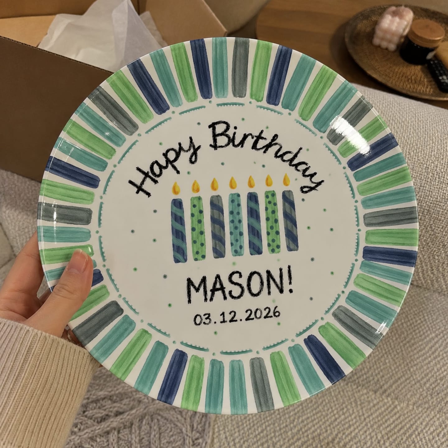 Customer photo review of Candles with Green and Navy Striped Border Personalized Birthday Plate D22THP0