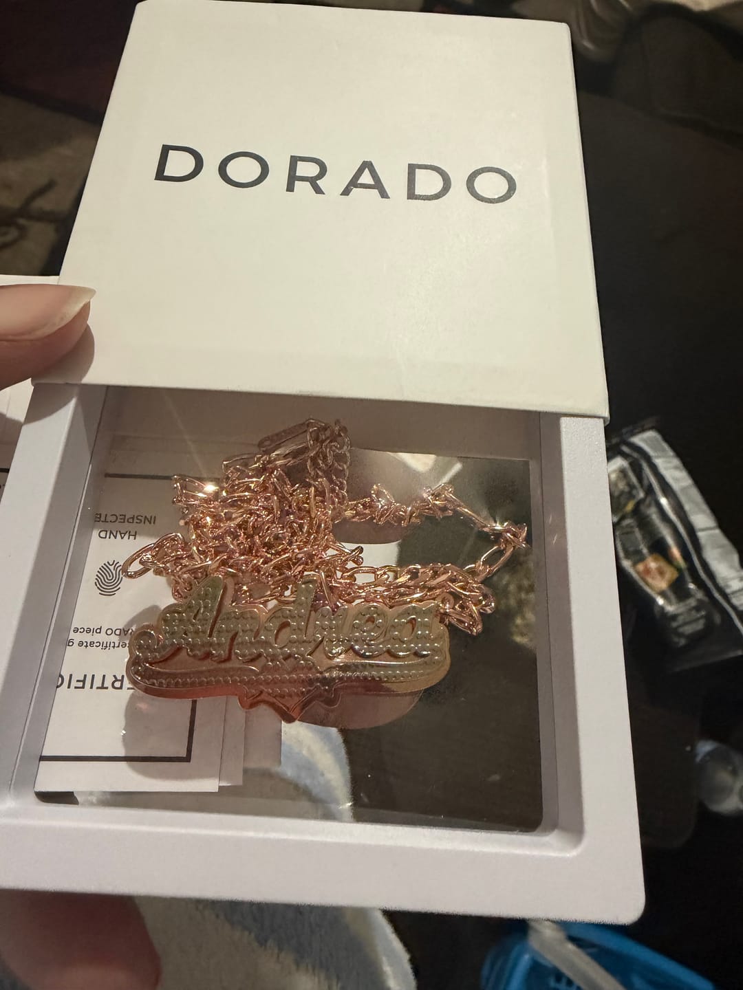 Customer photo review of Double Plated Pop Out Heart Name Necklace w/ Figaro Chain