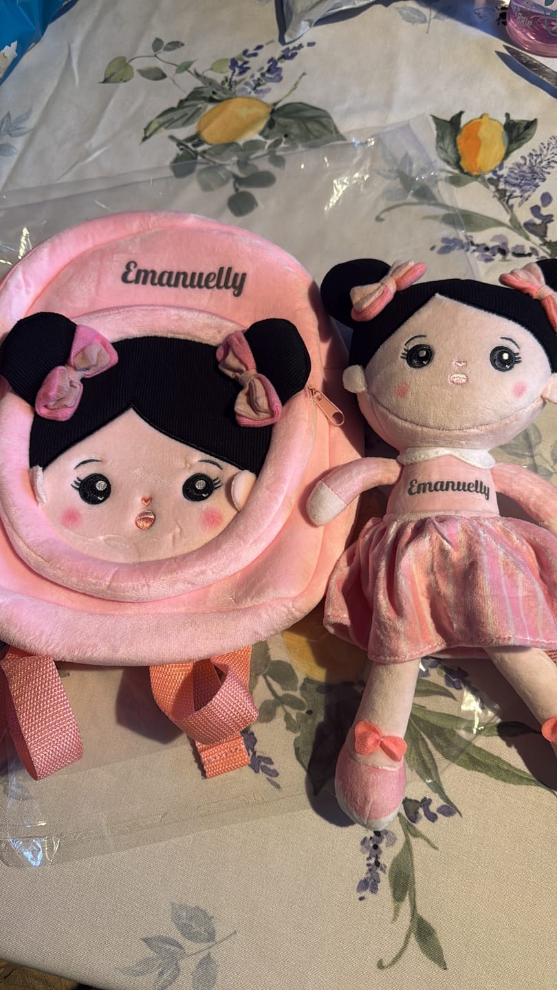 Customer photo review of Personalized Pink Black Hair Baby Doll