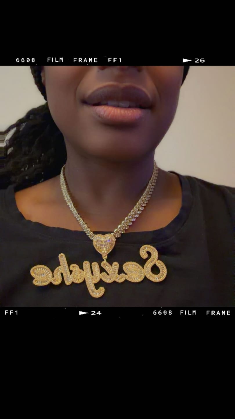 Customer photo review of LUXIIVA® CURSIVE FONT ICED OUT-BAGUETTE CUSTOM NAME PENDANT