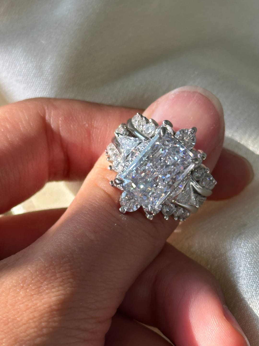 Customer photo review of S925 5.0Ct Radiant Cut Wedding Ring Set Gold Plated Side Stone Engagement Rings With Pavé Jacket Wedding Band
