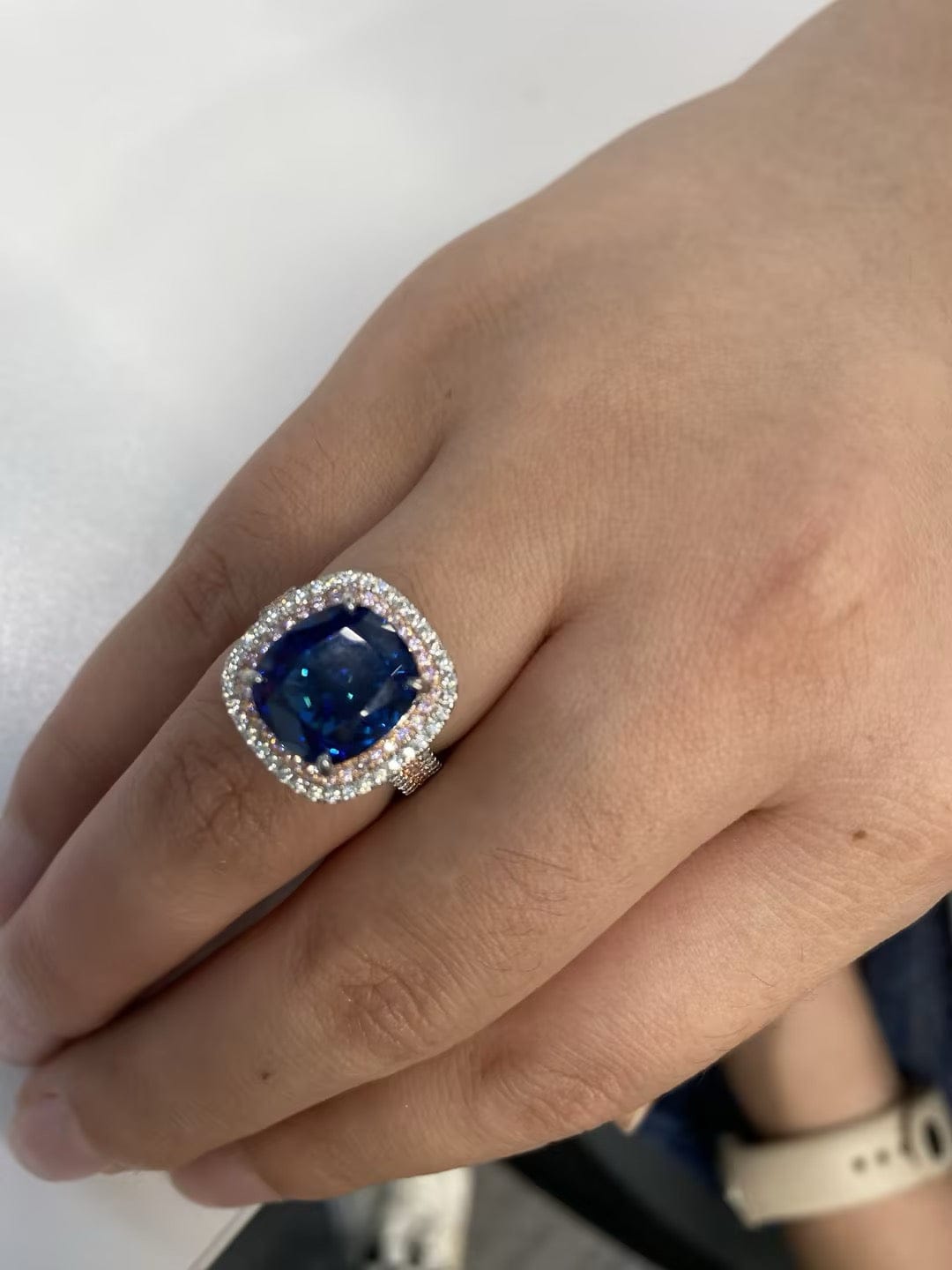 Customer photo review of S925 Double Halo 6.0Ct Cushion Cut Three Shank Vintage Aquamarine Blue&Purple Engagement Ring