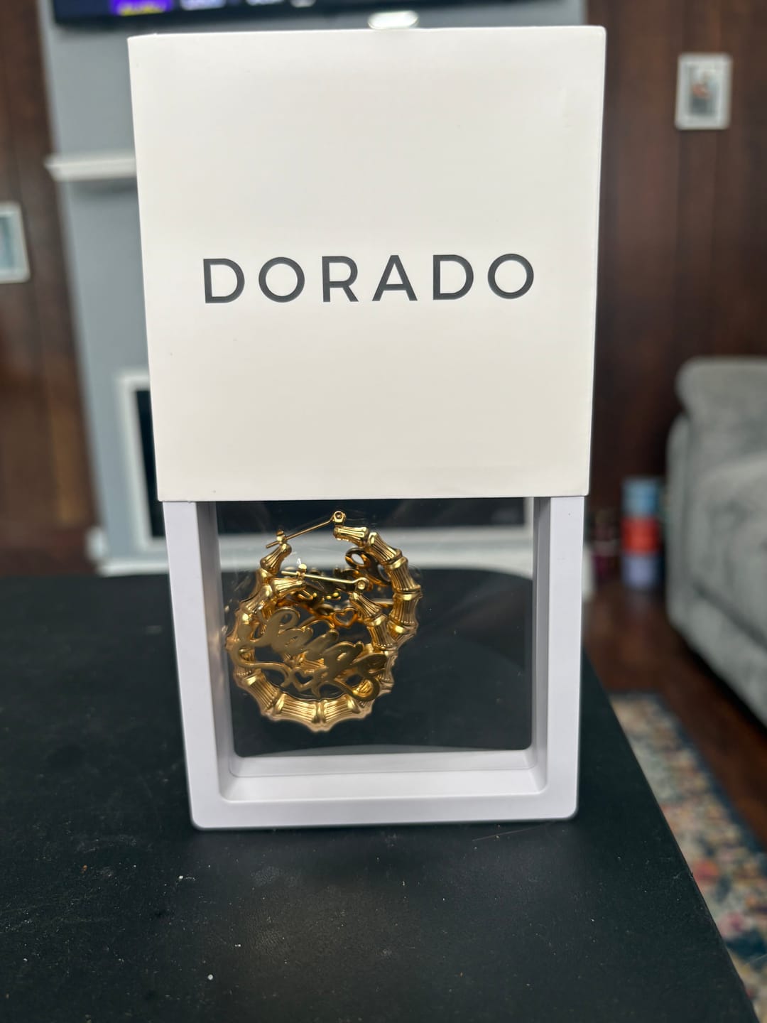 Customer photo review of Heart Outline Bamboo Name Hoop Earrings