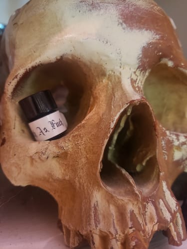 Customer's 1ml scent vial of Goth as Fuck placed inside the hollow eye socket of a weathered, realistic skull.