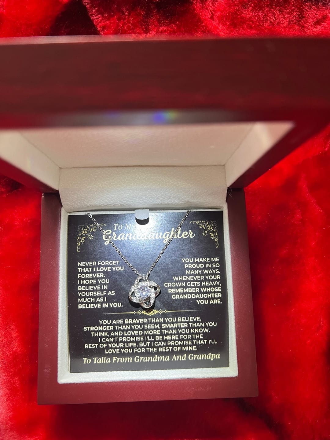Customer photo review of Granddaughter Love Knot Necklace from Grandpa | Forever Loved Keepsake