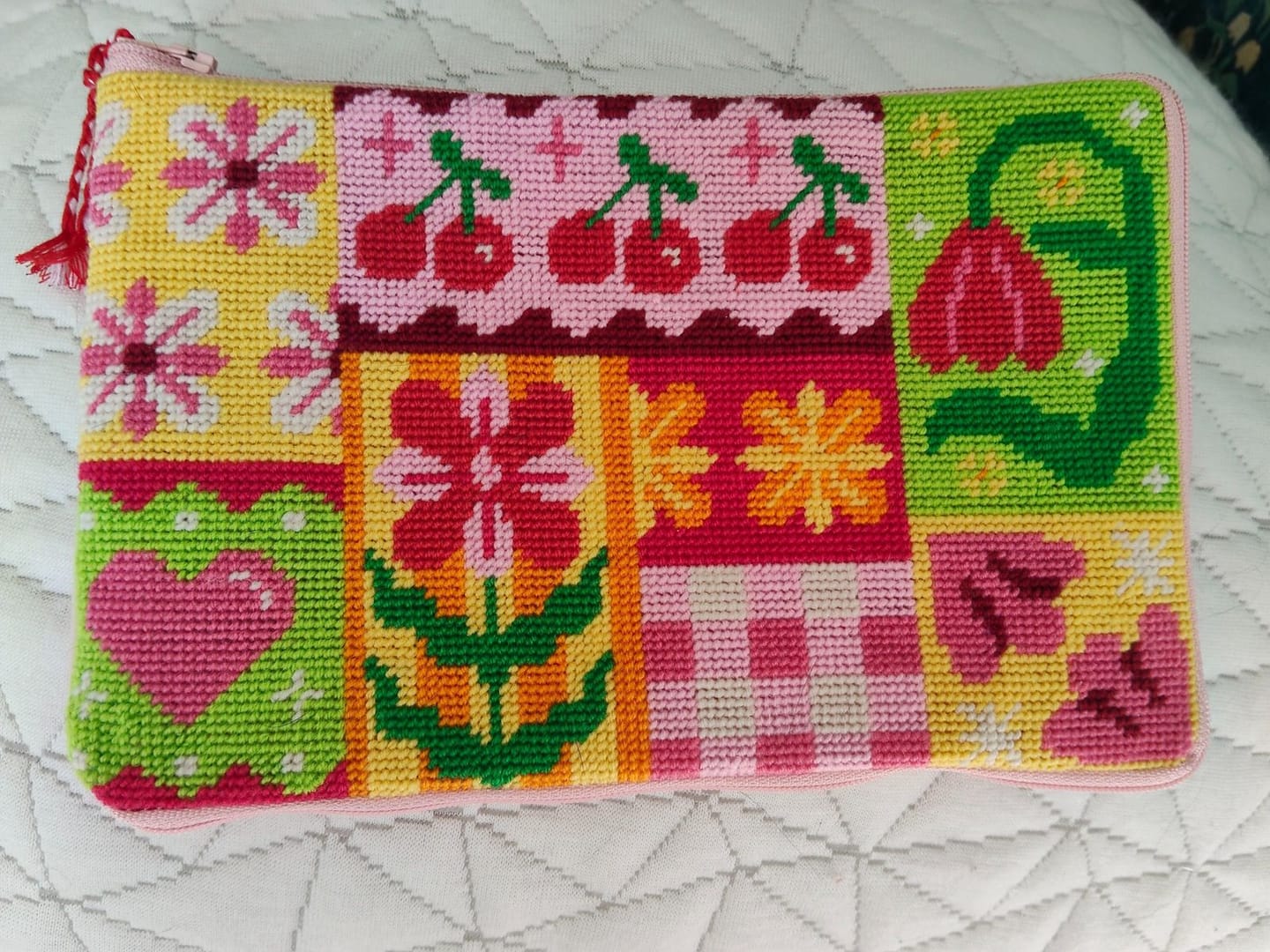 Customer photo review of Patchwork Party - Needlepoint Pouch Kit