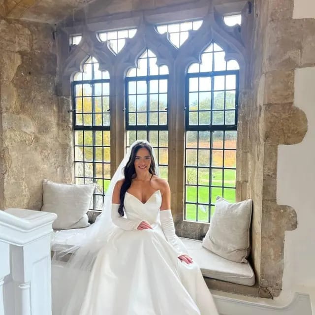 Customer photo review of Detachable Crepe Bridal Sleeves with Pearls