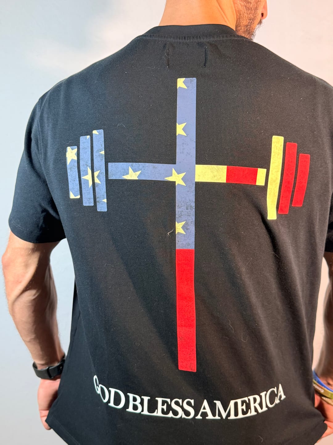 Customer photo review of God Bless America Premium Oversized Tee
