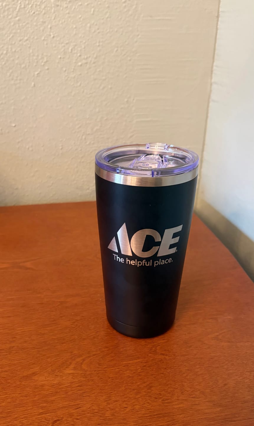 Customer photo review of $5 Sample - Custom 20 oz Tumbler with your Business Logo Engraved - Great Test Before Bulk Volume Order!
