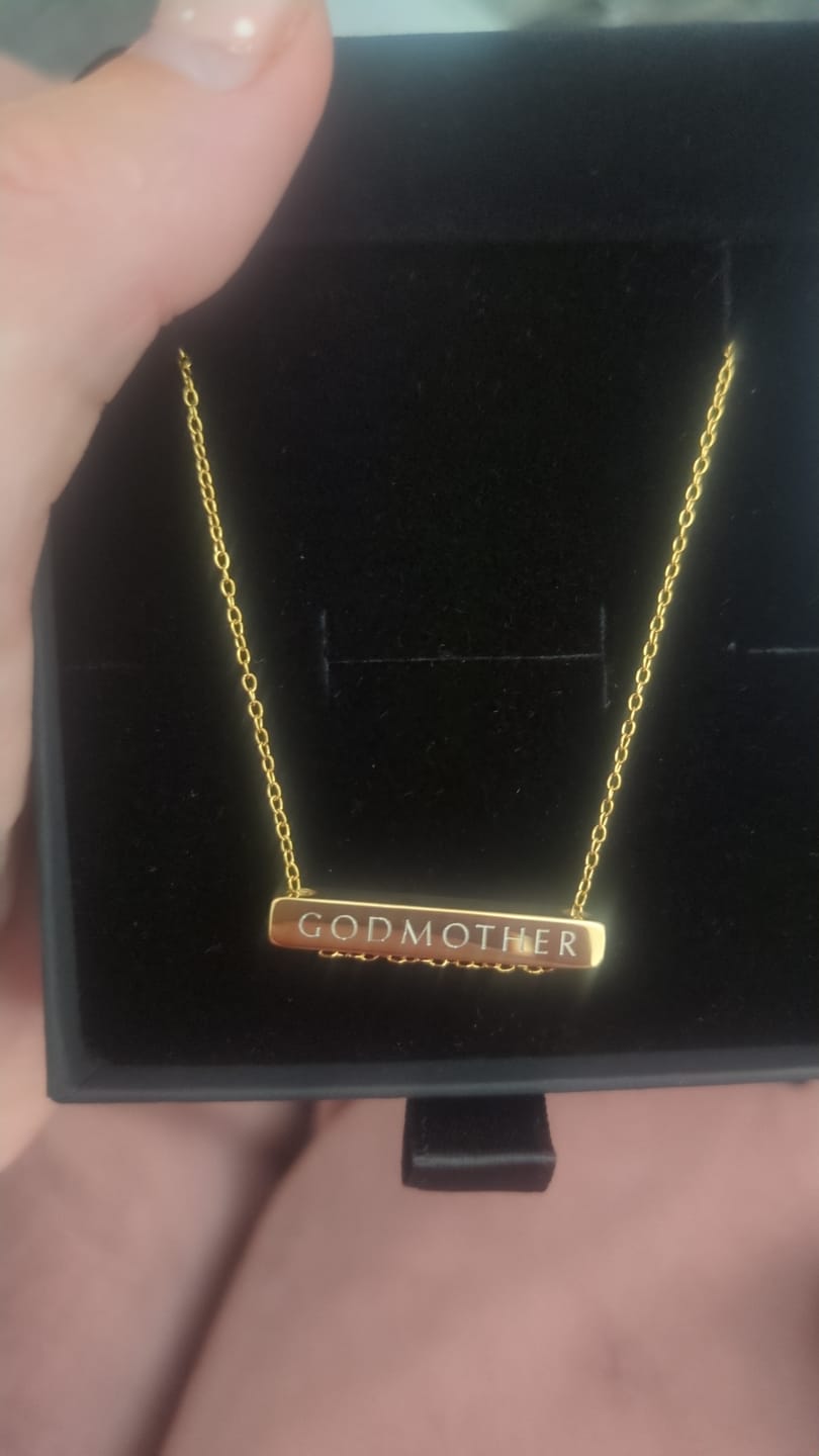 Customer photo review of 3cm Letter Bar Necklace in Gold Horizontal