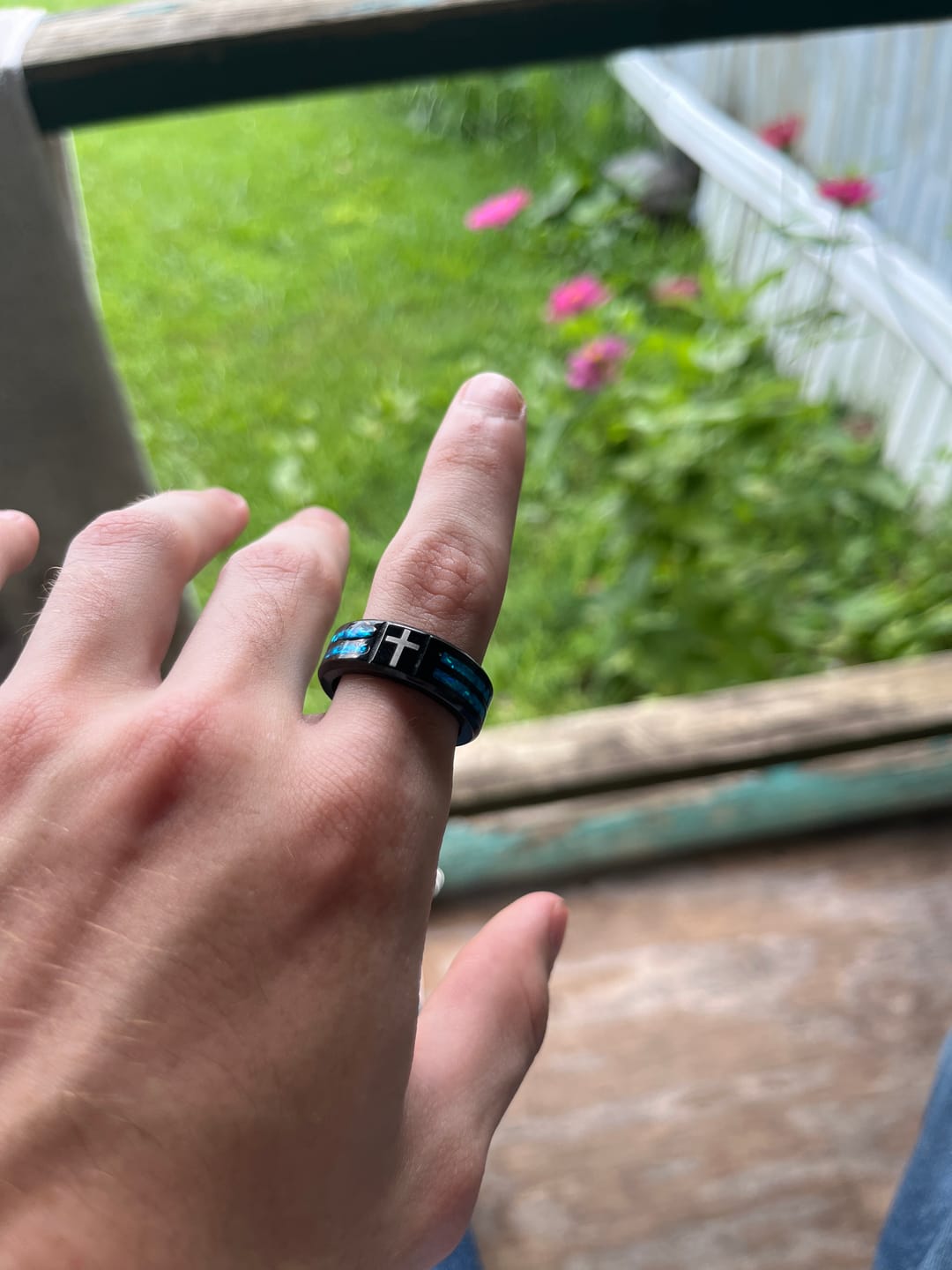 Customer photo review of FREE Today: Modern Titanium Steel Cross Ring with Laser Blue Inlay: Serenity in Christ's Blue Light
