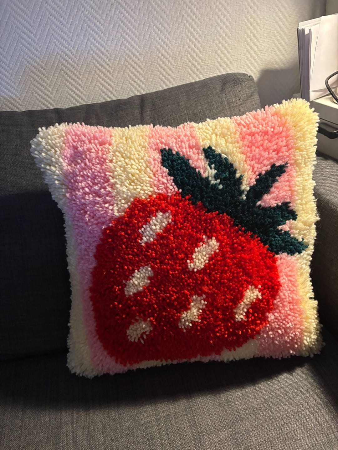 Customer photo review of STRAWBERRY RIPE STRIPES - Latch Hook Cushion Kit