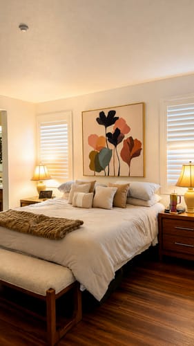 Customer's Autumn Garden canvas art hanging above a bedroom bed with neutral bedding and lamps.