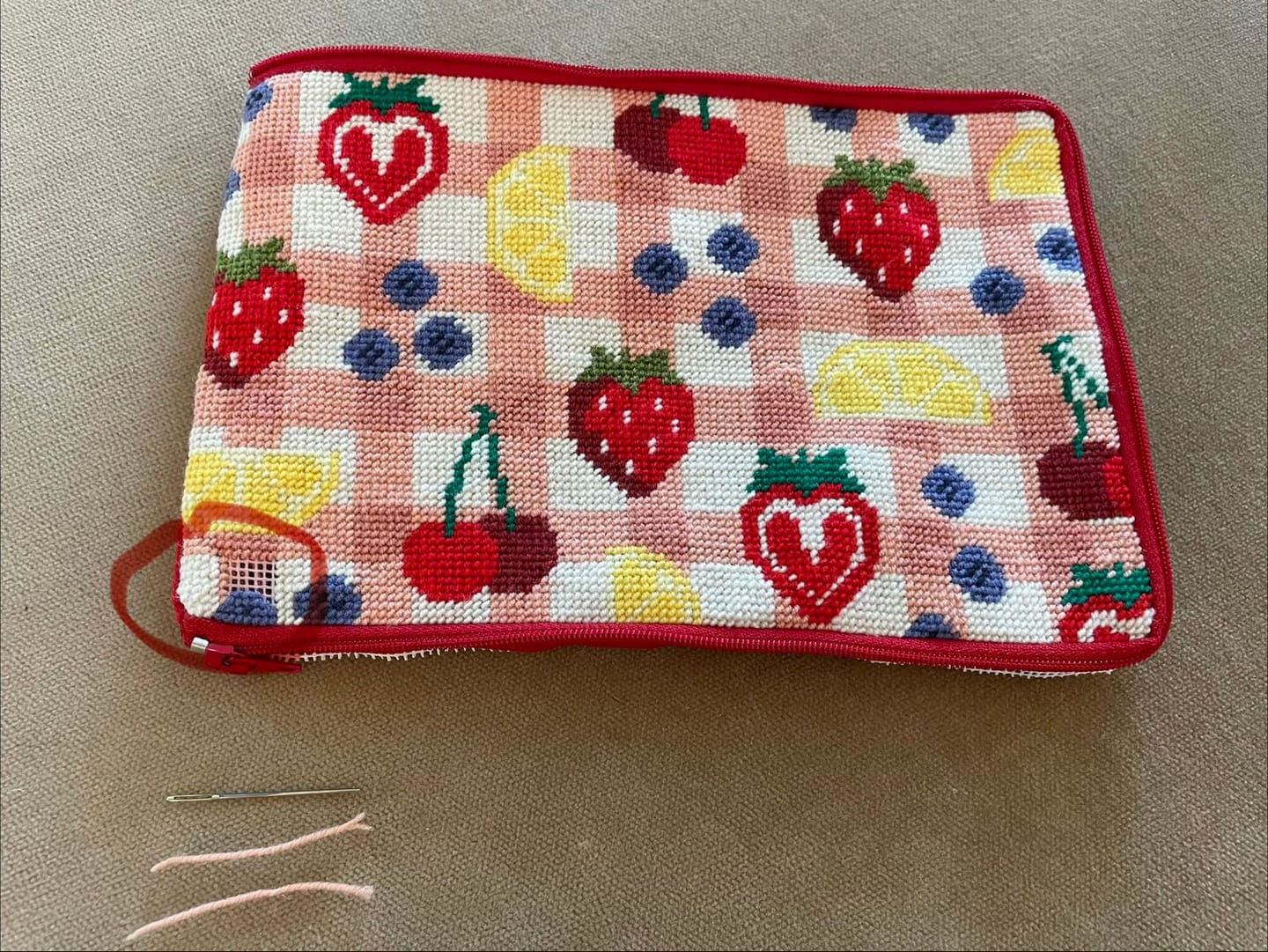 Customer photo review of FRUIT MARKET - Needlepoint Pouch Kit