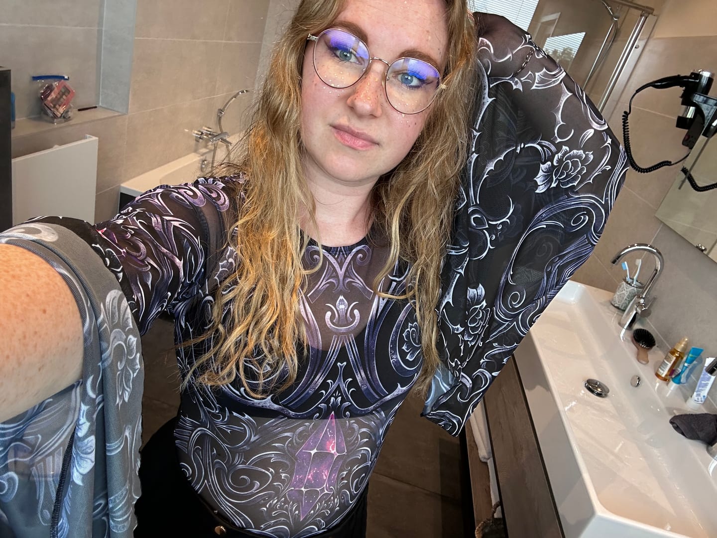 Customer photo review of Cursed Amethyst Sheer Bell Sleeve Bodysuit