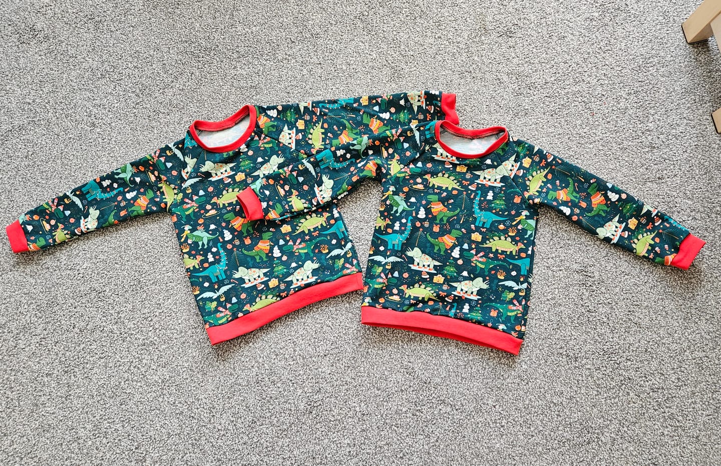 Customer photo review of Christmas Dinosaurs on Dark Teal French Terry Fabric