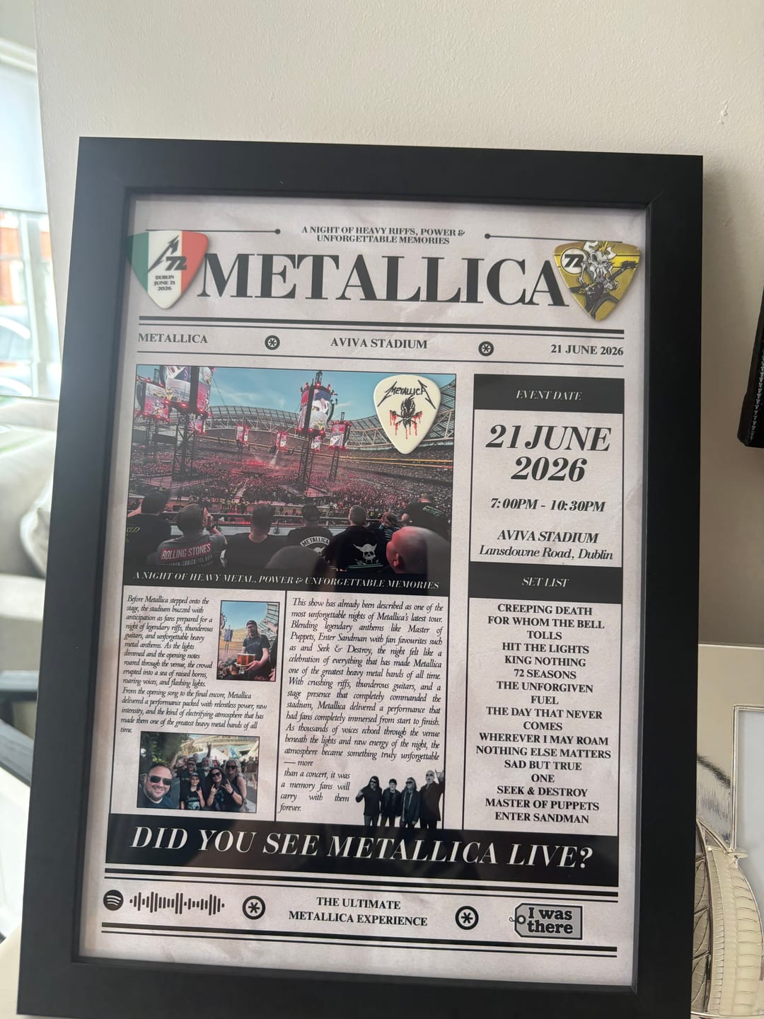 Customer photo review of Metallica - Personalised Newspaper Style Concert Poster