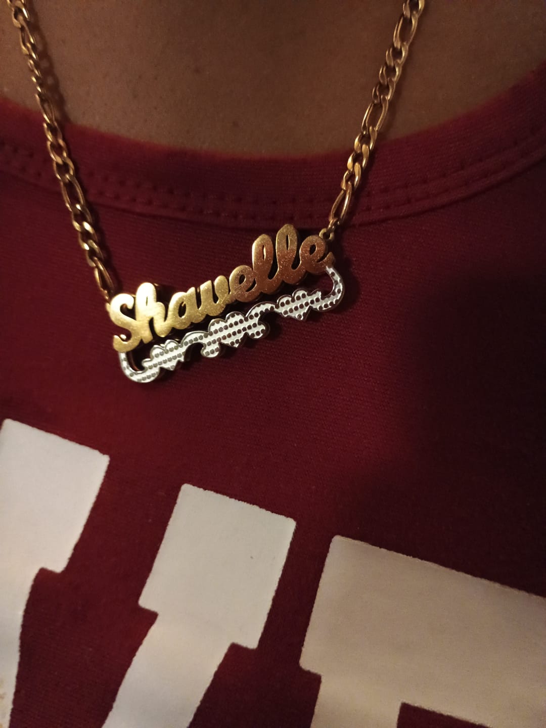 Customer photo review of Double Plated Triple Heart Name Necklace w/ Cuban Chain