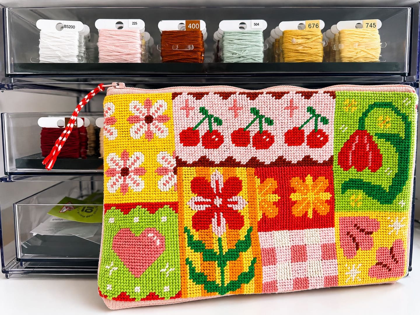 Customer photo review of Patchwork Party - Needlepoint Pouch Kit