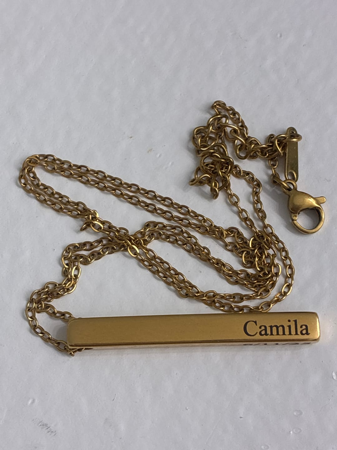 Customer photo review of Engraved 3D Bar Necklace