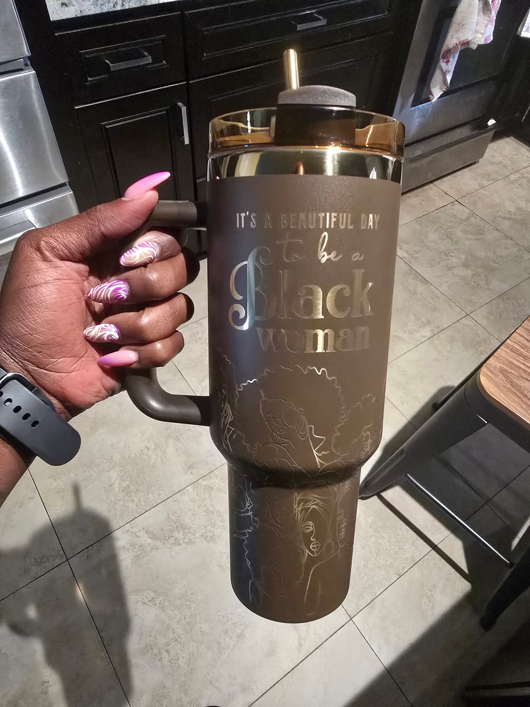Customer photo review of "Brown Sugar" FlowSip™ Insulated Tumbler – It's a Beautiful Day to Be a Black Woman
